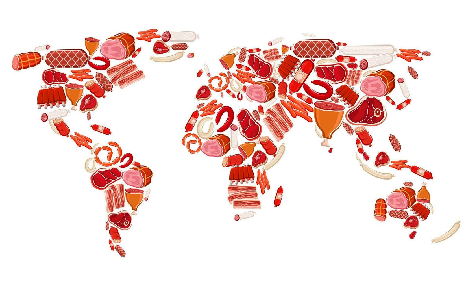 Meat, beef and pork sausages vector world map