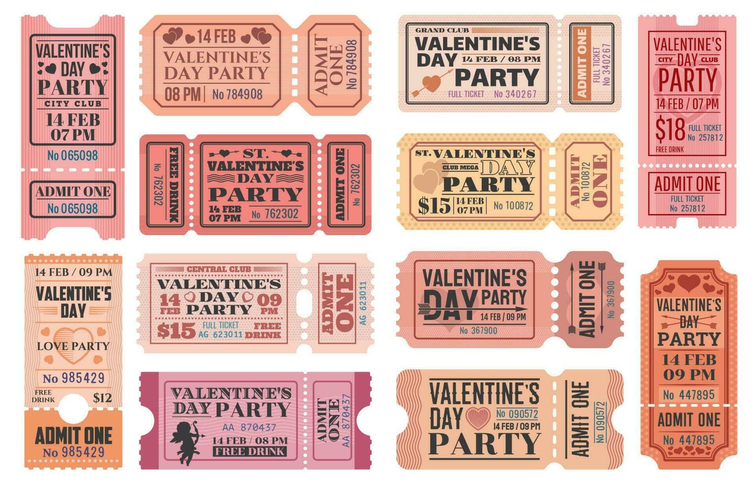 Valentines Day love holiday party ticket templates vector