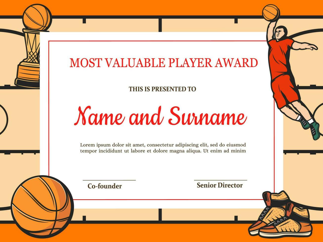 Certificate for basketball most valuable player vector