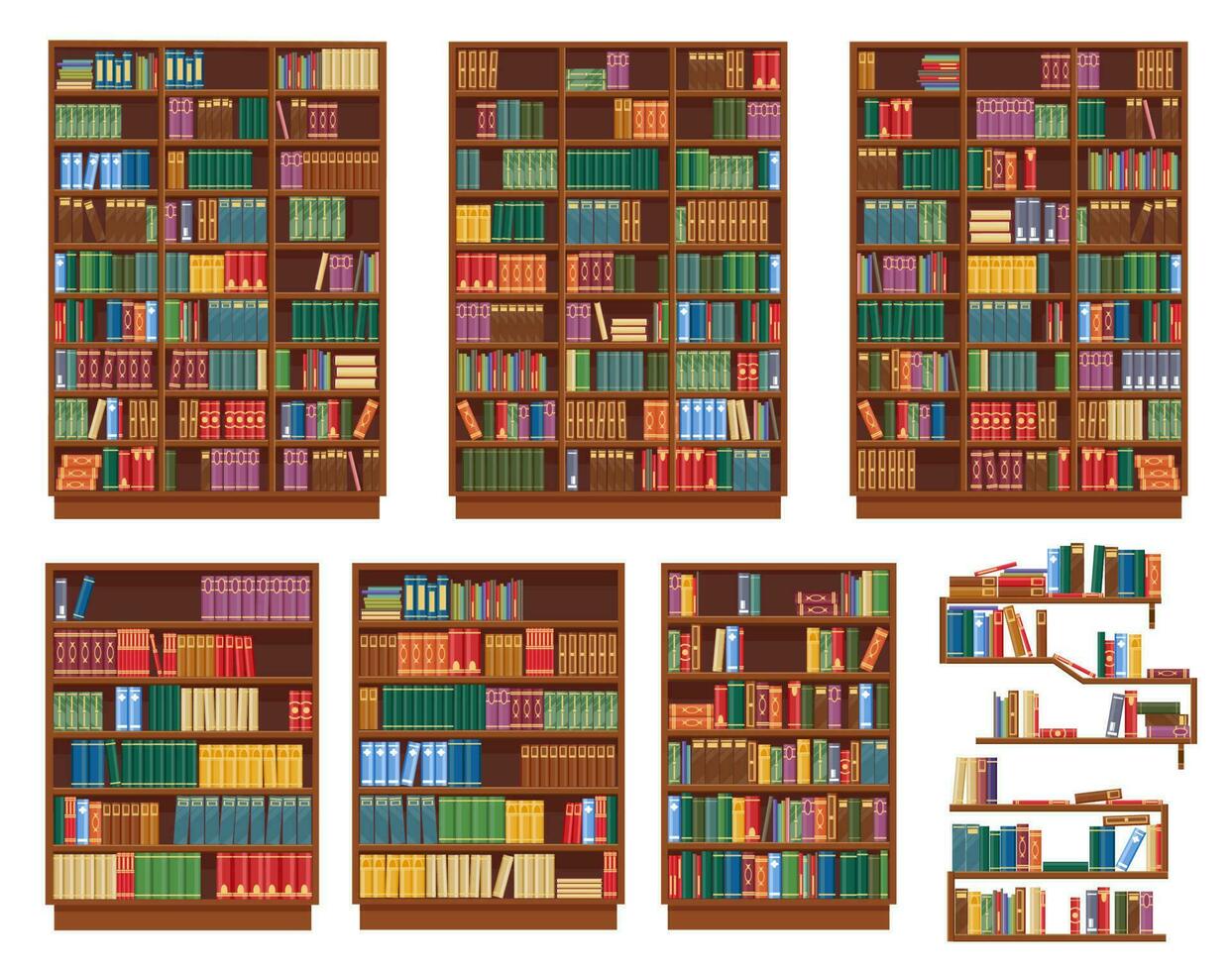 Bookcase, bookshelf with books, library shelves vector