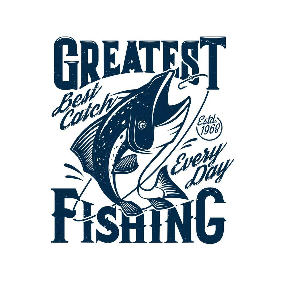 Tshirt print with tuna fish catching rod hook vector