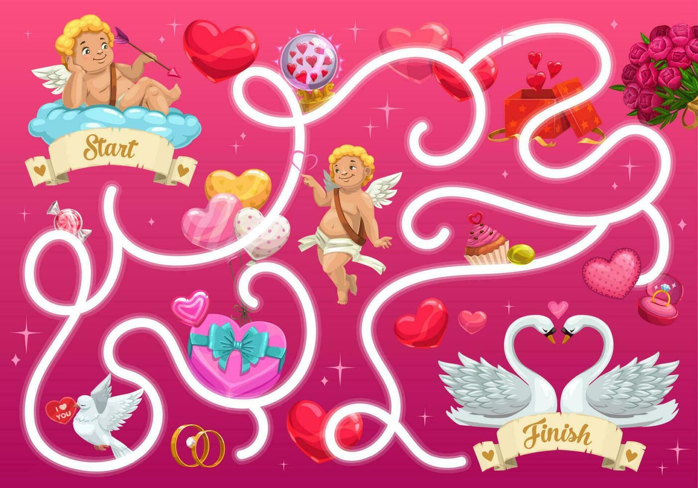 Kids maze game with Valentines day cupids, vector