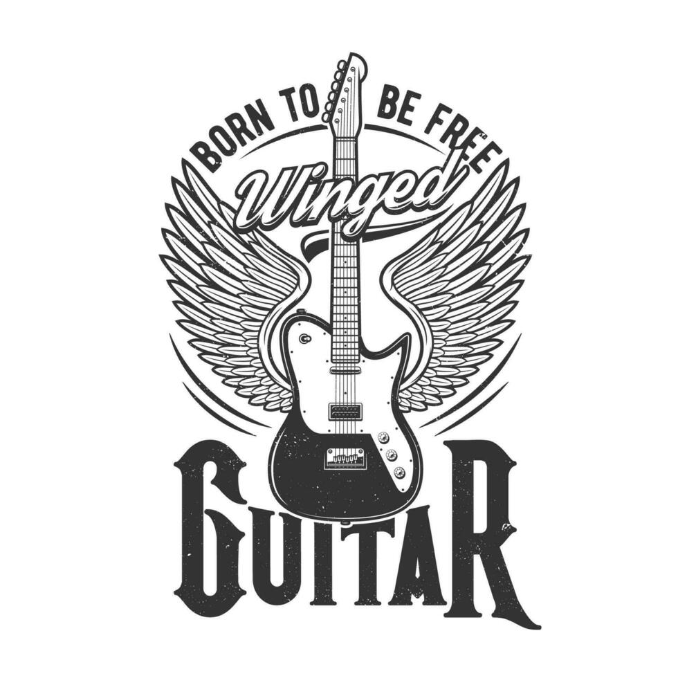 Tshirt print with winged electric guitar, vector