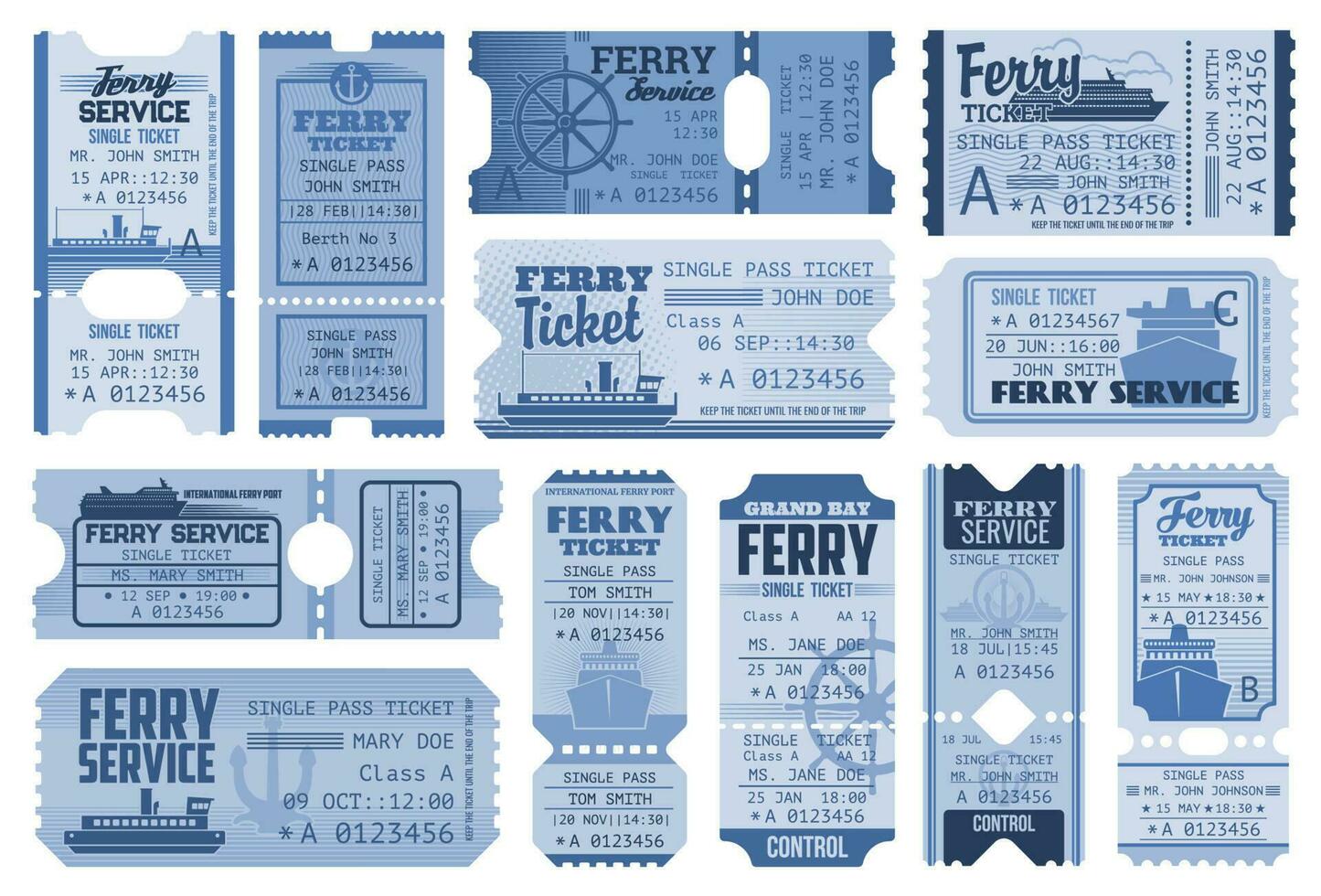 Tickets, ferry boat, ship cruise or vacation liner vector