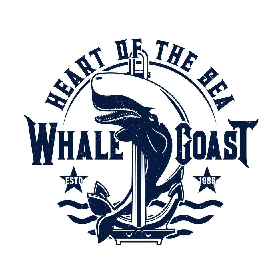 Tshirt print with whale and anchor on sea waves vector