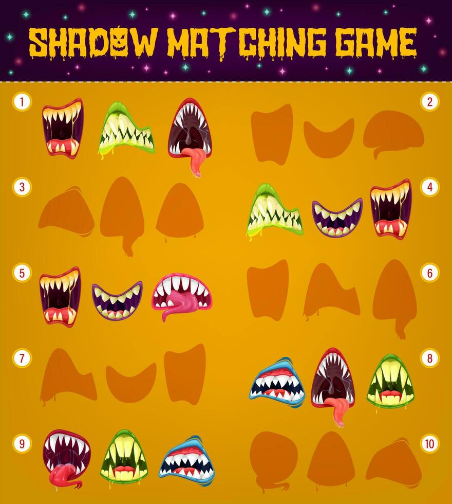 Halloween monster shadow matching game template vector