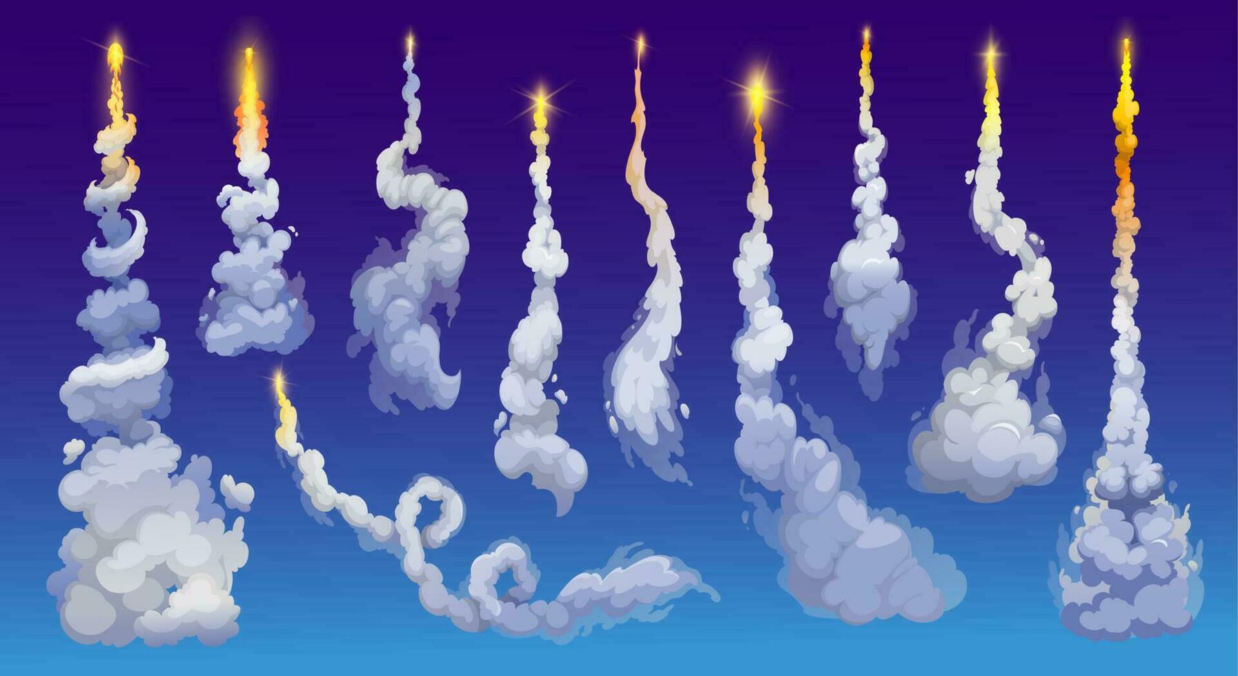 Cartoon rocket smoke trails, spaceship fire tails vector