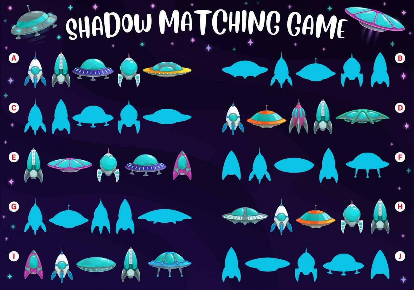 Kids game or space puzzle, match rockets shadow vector