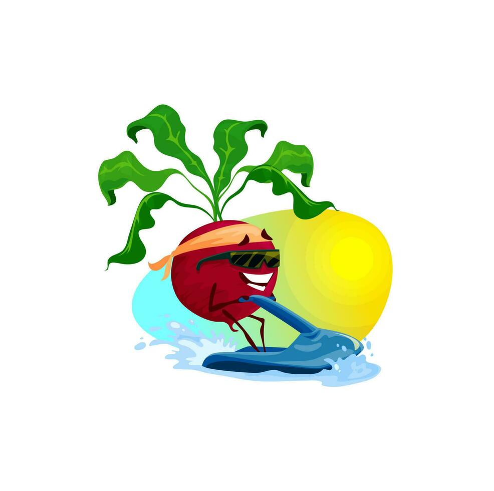 Radish cartoon character surfing, summer rest vector