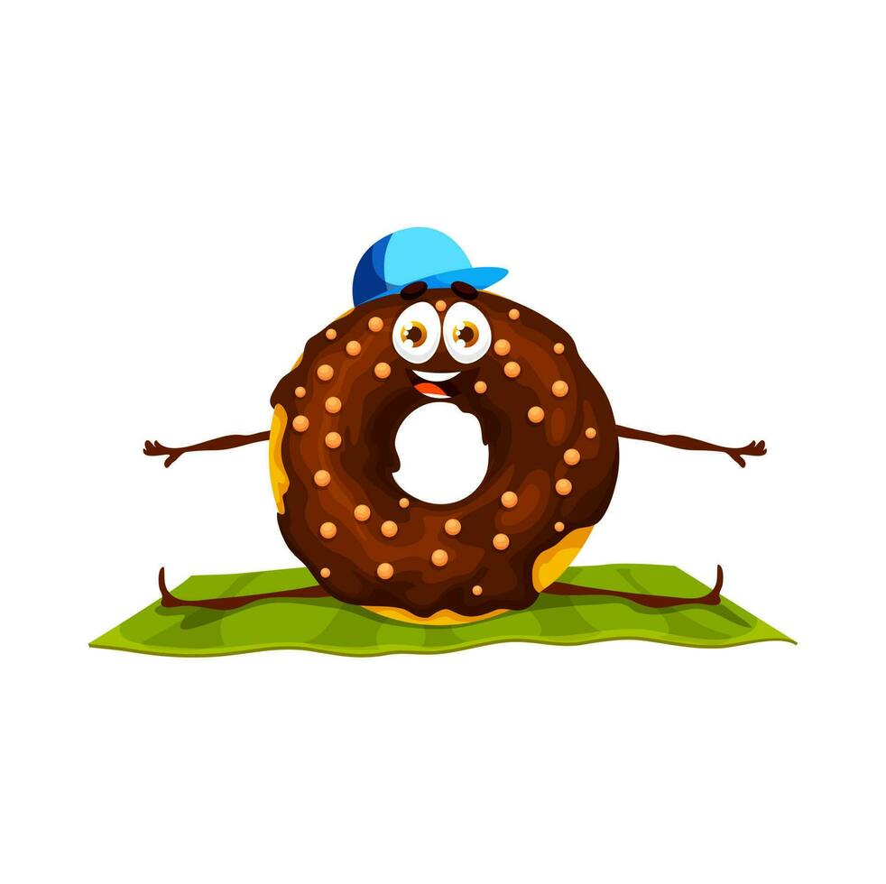 Cartoon chocolate donut character in yoga pose vector