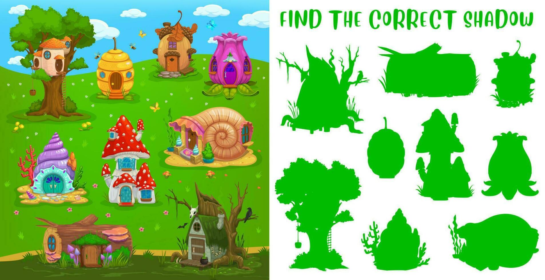 encontrar correcto sombra, hada casa, niños juego enigma vector