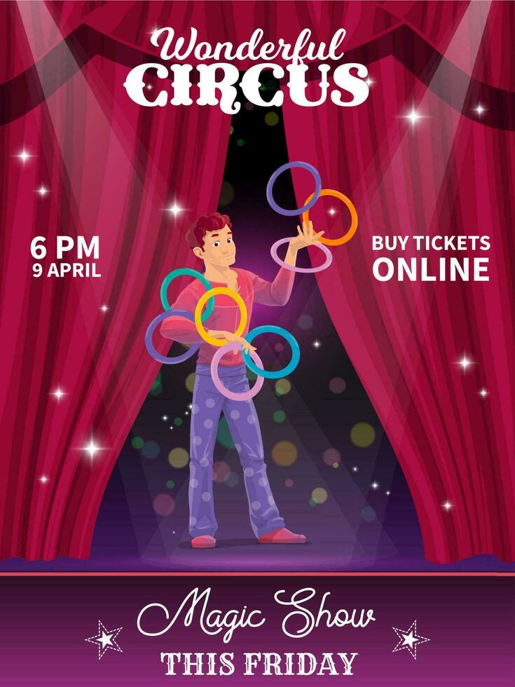 Shapito circus poster, cartoon big top juggler vector