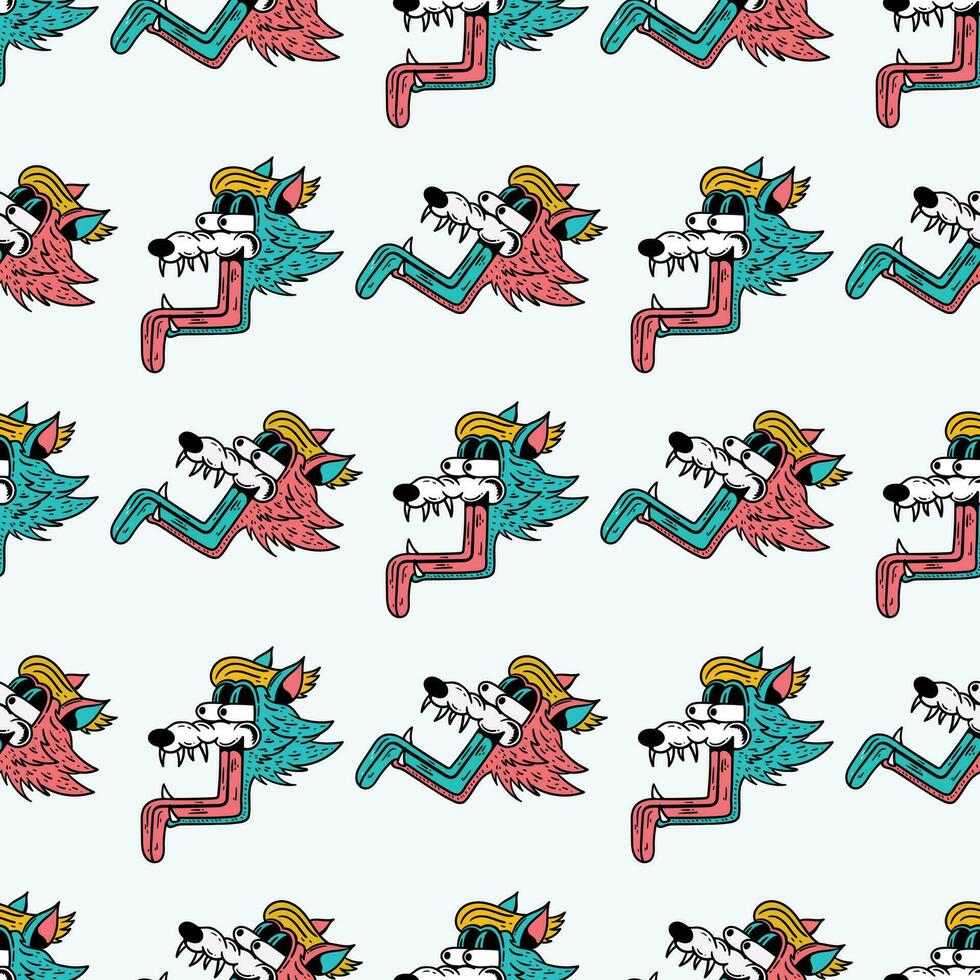 seamless pattern of bulging eyes wolf with sticking out tongue in vintage style vector