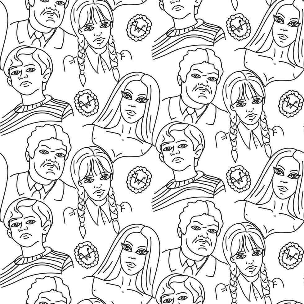 The pattern of the whole Adams family and the family badge brooches in a linear style. Monochrome contour shades. Black and white background with people on Halloween. Printing on textiles and paper vector