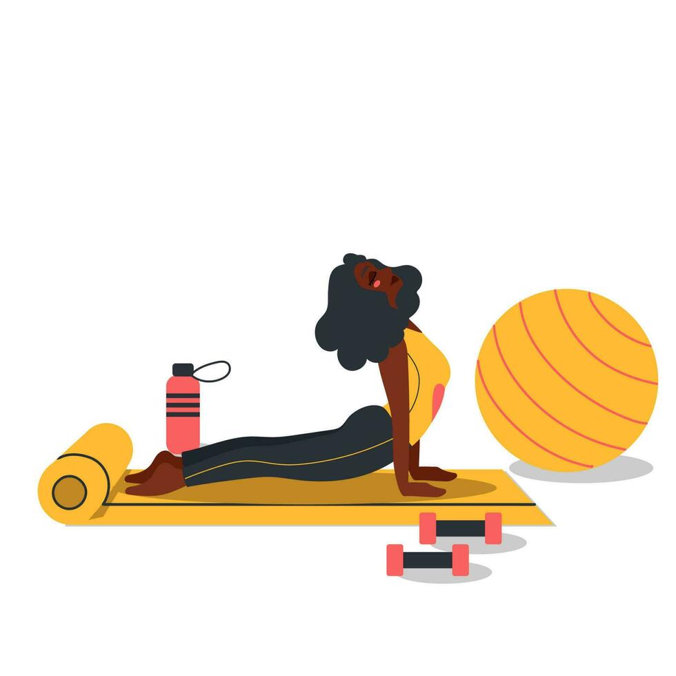 africano americano mujer haciendo yoga ejercicios. contento persona practicando extensión ejercicio, formación en estera adentro. Moda ilustración por feminidad, belleza, y mental salud. vector