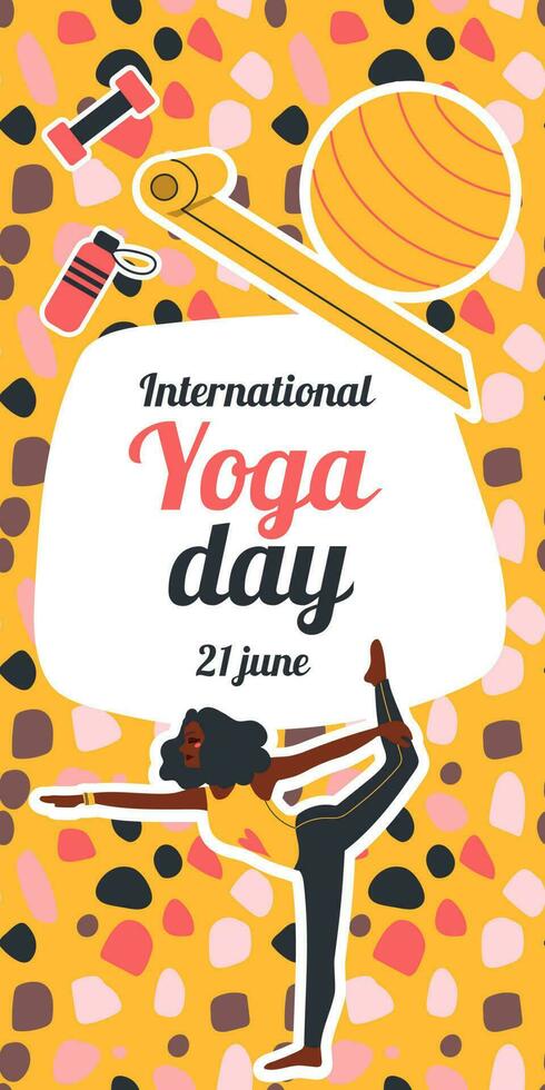 International Yoga Day. African american woman doing yoga exercises. Flat vector illustration. Vertical banners and wallpaper for social media stories.