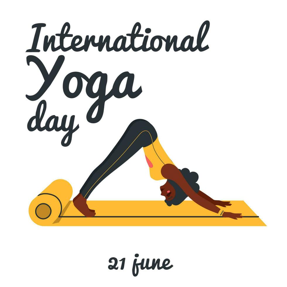 International Yoga Day. African american woman doing yoga exercises. Flat vector illustration