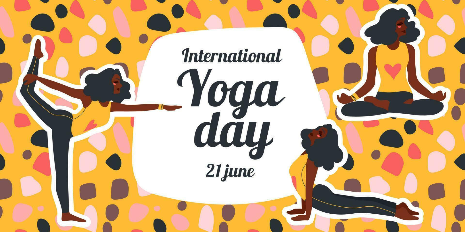 International Yoga Day. African american woman doing yoga exercises. Flat vector illustration