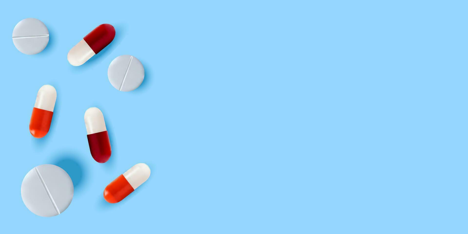 White pills and red-and-white pills on a blue background. The concept of treatment and recovery. A health design element for apps, websites and social networks. Medicinal pills. vector