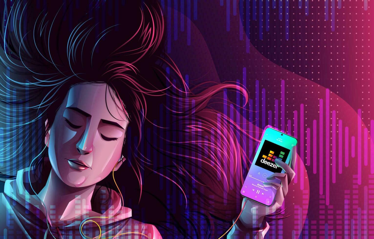 niña escuchando a música transmisión mientras dormido antecedentes vector