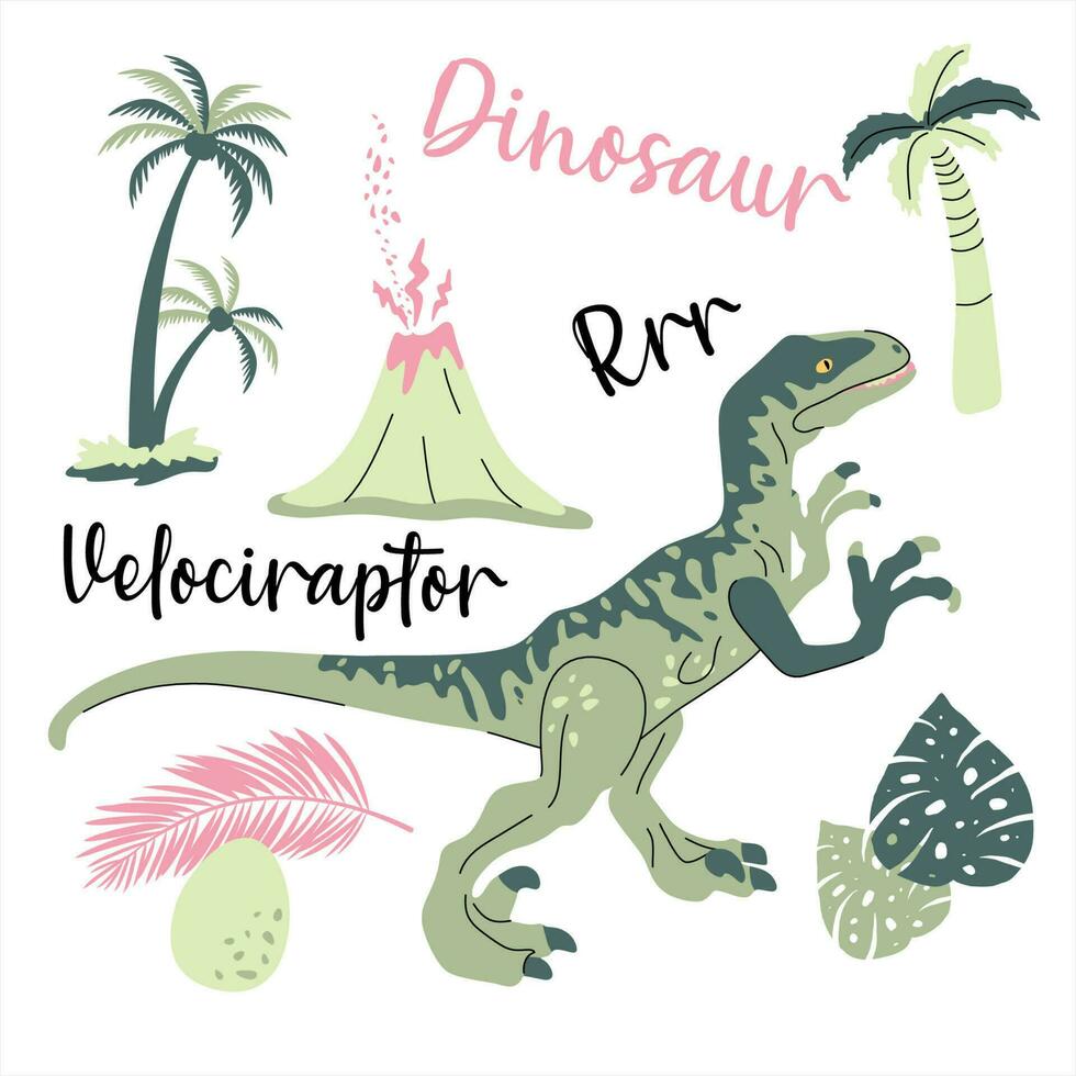linda dinosaurio dibujado como vector en blanco para niños moda. palma y volcán. alosaurio.