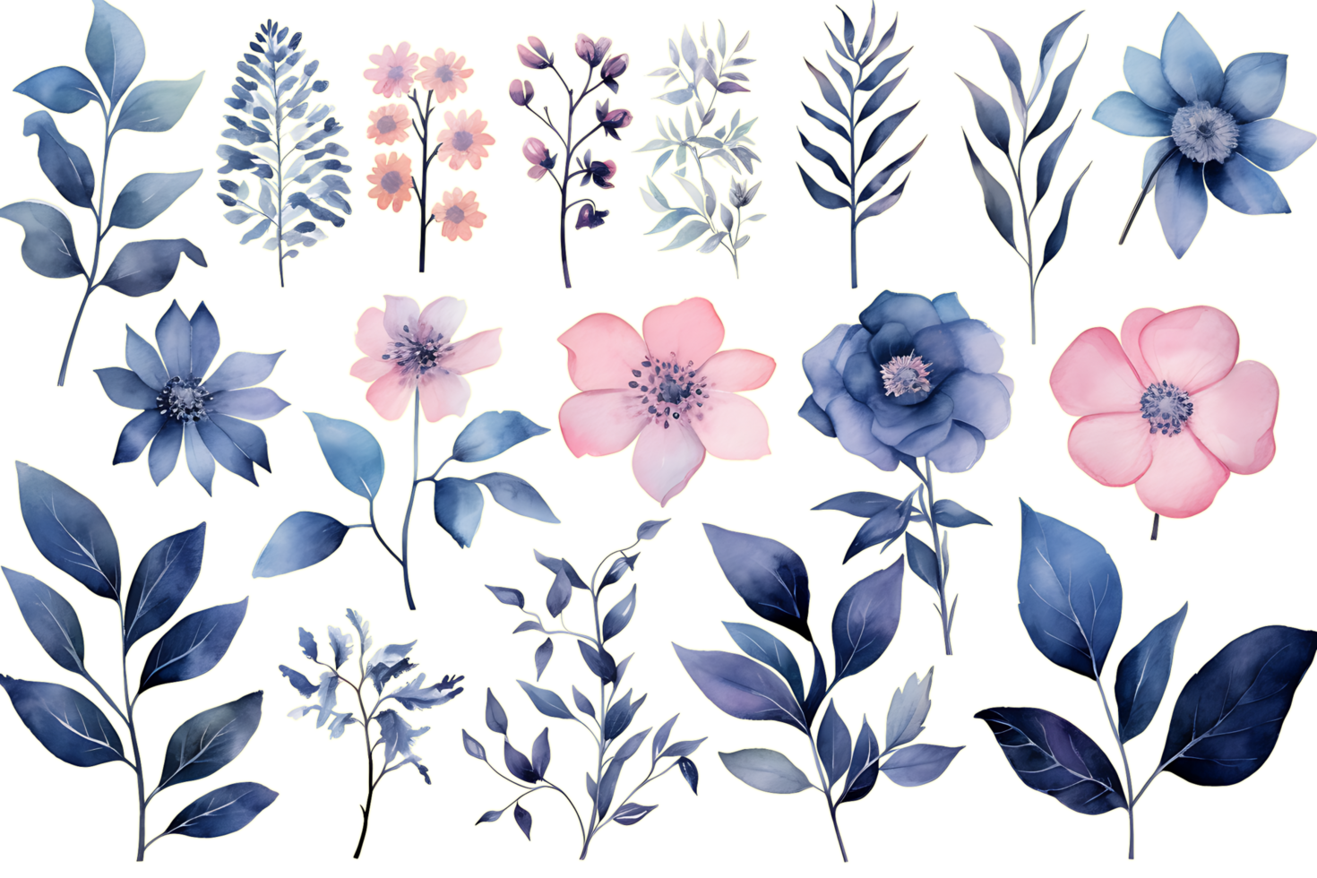 Beautiful set Watercolor flower and leaves element collection. Generate AI png