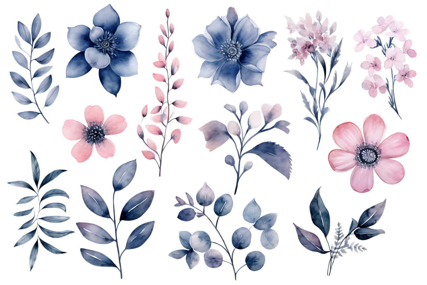 hermosa conjunto acuarela flor y hojas elemento recopilación. ai generado png