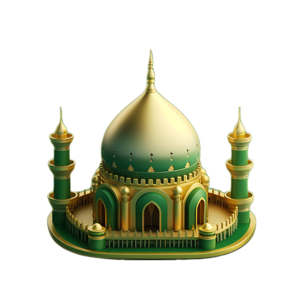 Green and gold mini Mosque 3D Illustration. png