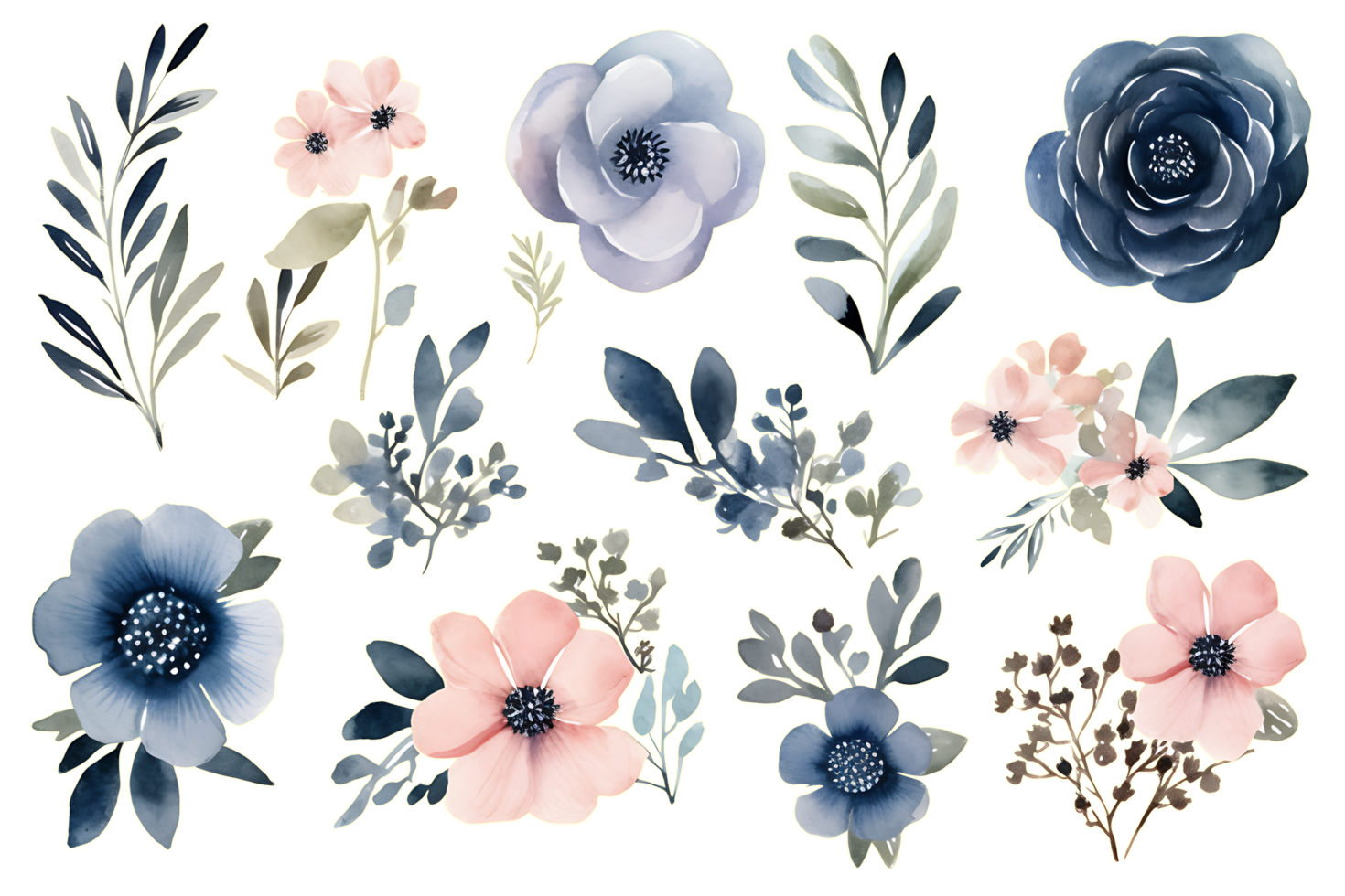 Beautiful set Watercolor flower and leaves element collection. Generate AI png