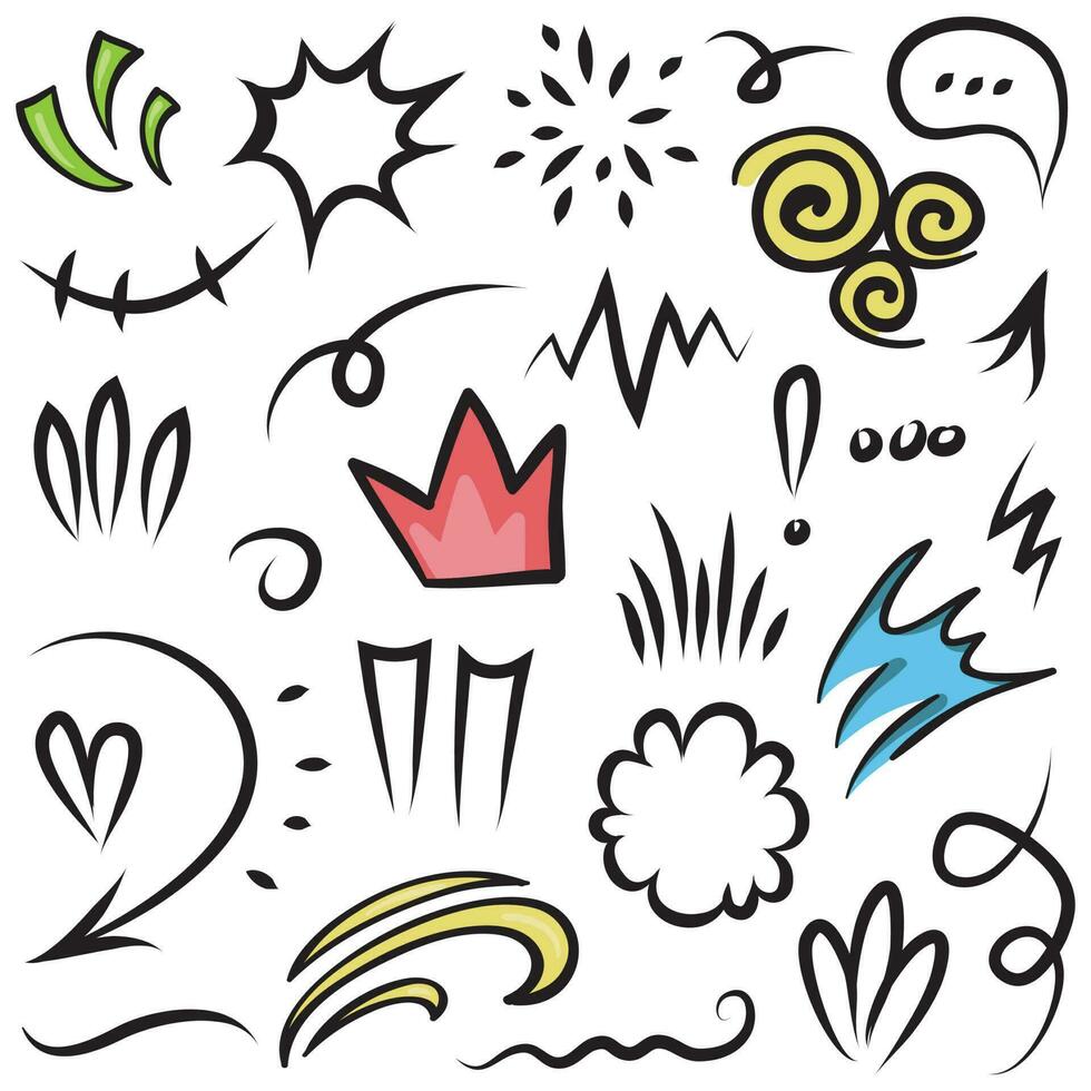 Vector set of hand-drawn cartoony expression sign doodle, curve directional arrows, emoticon effects design elements, cartoon character emotion symbols, cute decorative brush stroke lines.