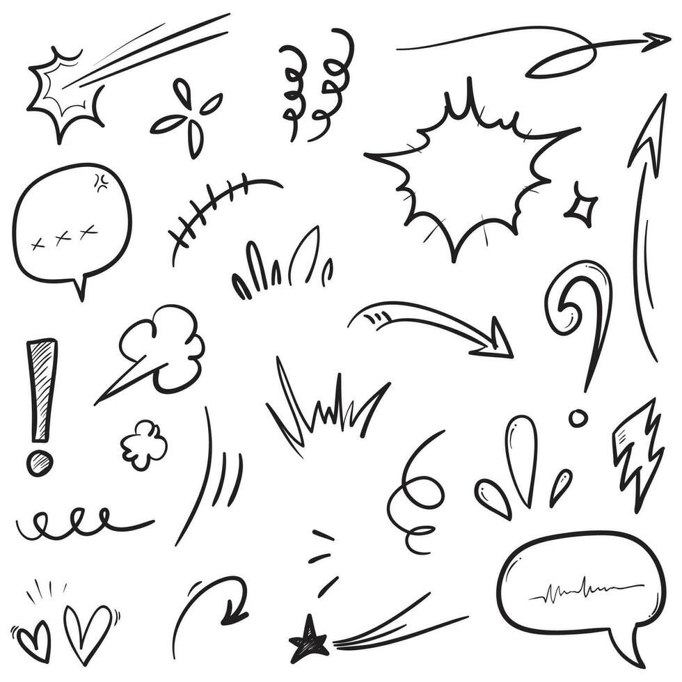 Conjunto de vectores de doodle de signo de expresión de dibujos animados dibujados a mano, flechas direccionales de curva, elementos de diseño de efectos de emoticonos, símbolos de emoción de personaje de dibujos animados, lindas líneas de trazo de pincel decorativo.