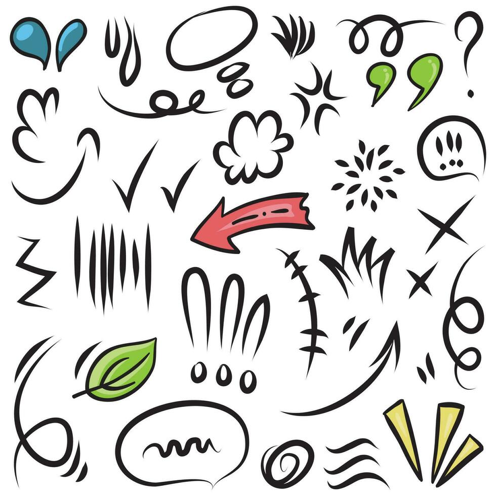 Conjunto de vectores de doodle de signo de expresión de dibujos animados dibujados a mano, flechas direccionales de curva, elementos de diseño de efectos de emoticonos, símbolos de emoción de personaje de dibujos animados, lindas líneas de trazo de pincel decorativo.