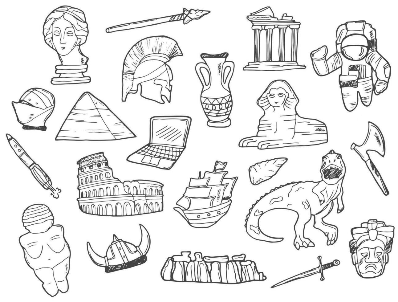 Doodle History Line Art Illustration. Hand Drawn Vector Clip Art. Banner Set Logos.