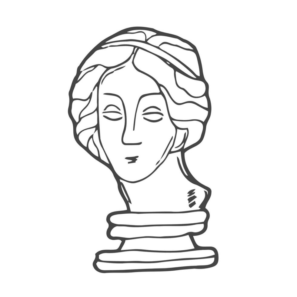 Head of a beautiful ancient Greek woman. Goddess Aphrodite or Venus. Classic female portrait. Hand drawn linear doodle rough sketch. Black silhouette on white background. vector