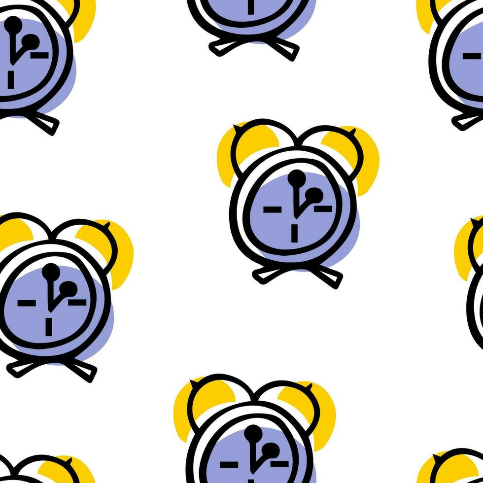 Seamless pattern Doodle alarm clock. Back to school. Wake up. Watch vector