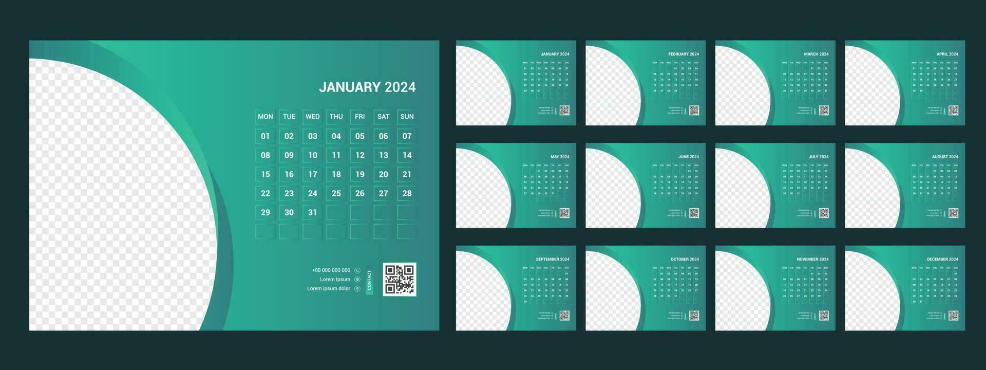 Calendar 2024 planner corporate template design set. Week starts on Monday.template for annual calendar 2024 vector