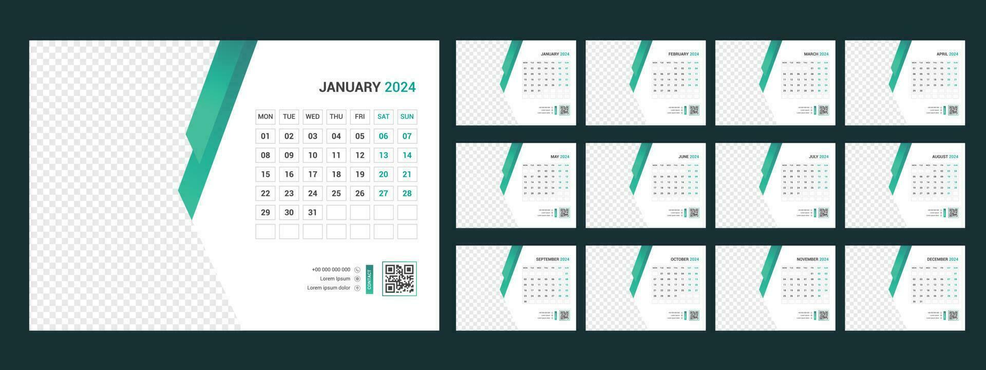 Calendar 2024 planner corporate template design set. Week starts on Monday.template for annual calendar 2024 vector