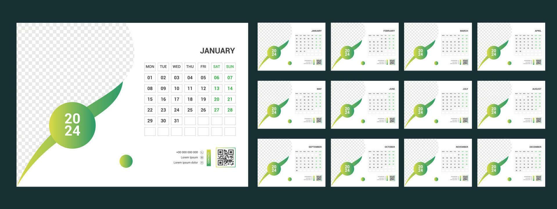 Calendar 2024 planner corporate template design set. Week starts on