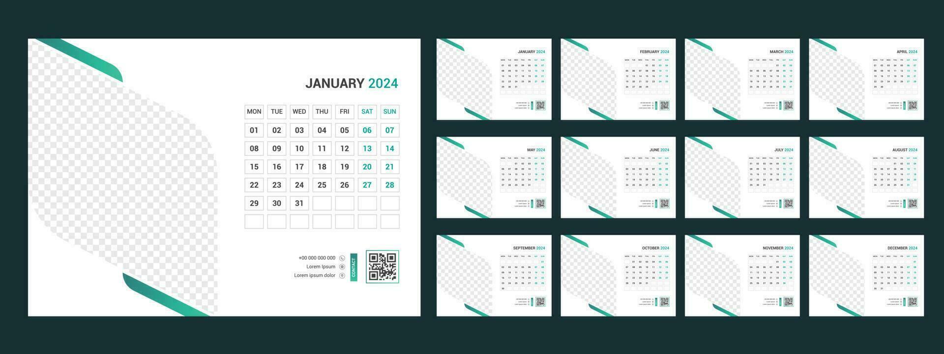 Calendar 2024 planner corporate template design set. Week starts on Monday.template for annual calendar 2024 vector