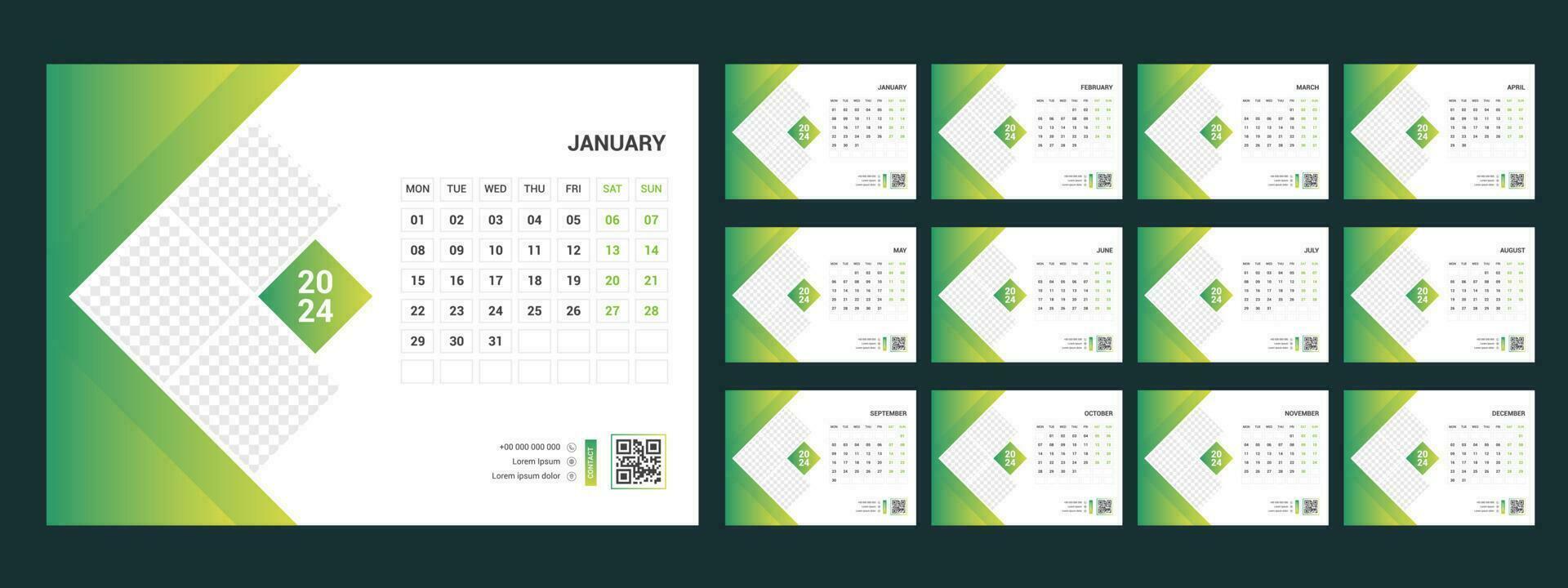 Calendar 2024 planner corporate template design set. Week starts on Monday.template for annual calendar 2024 vector