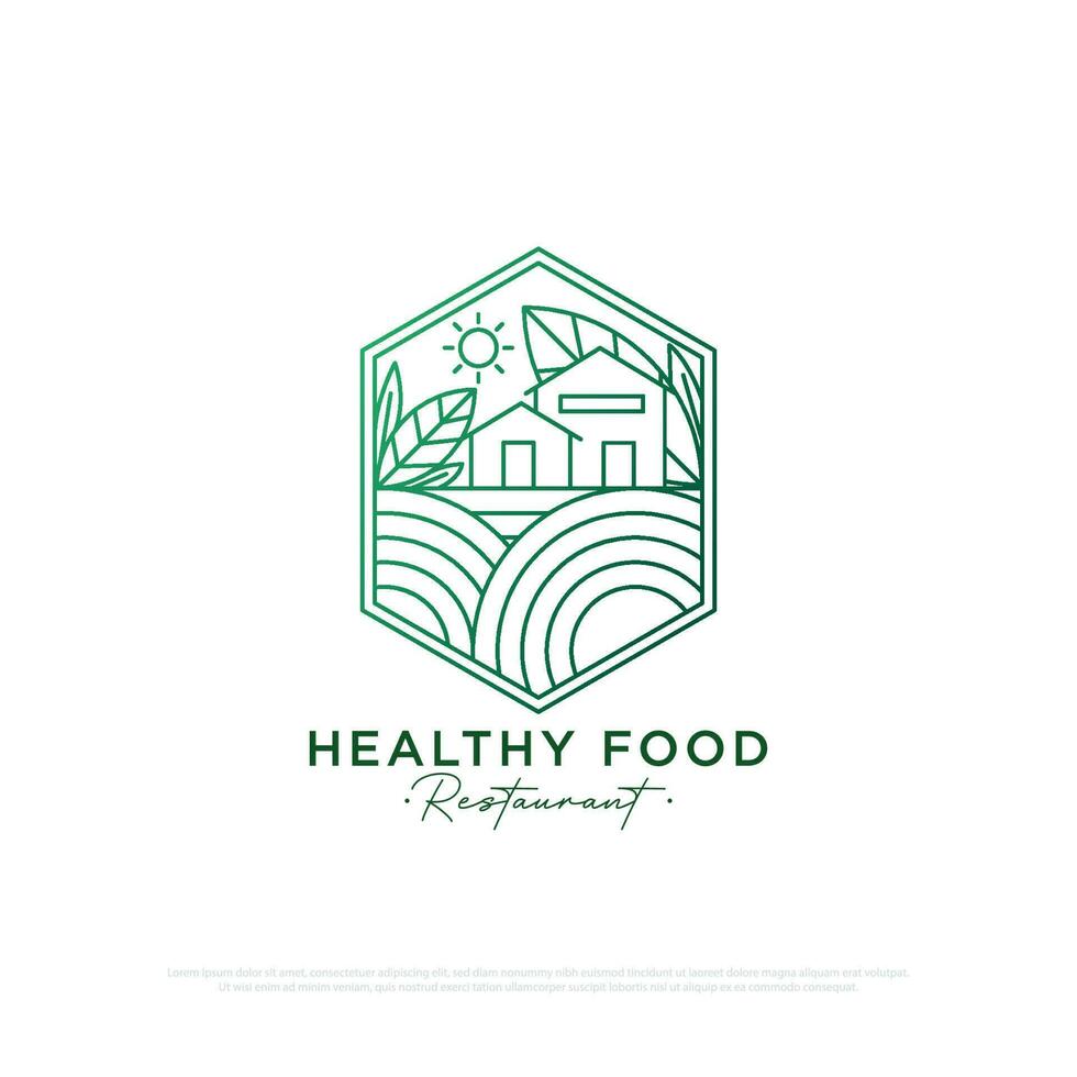 Organic Food Restaurant logo design with line art style , a restaurant with a rural concept that provides traditional organic food and drinks  line art vector illustration