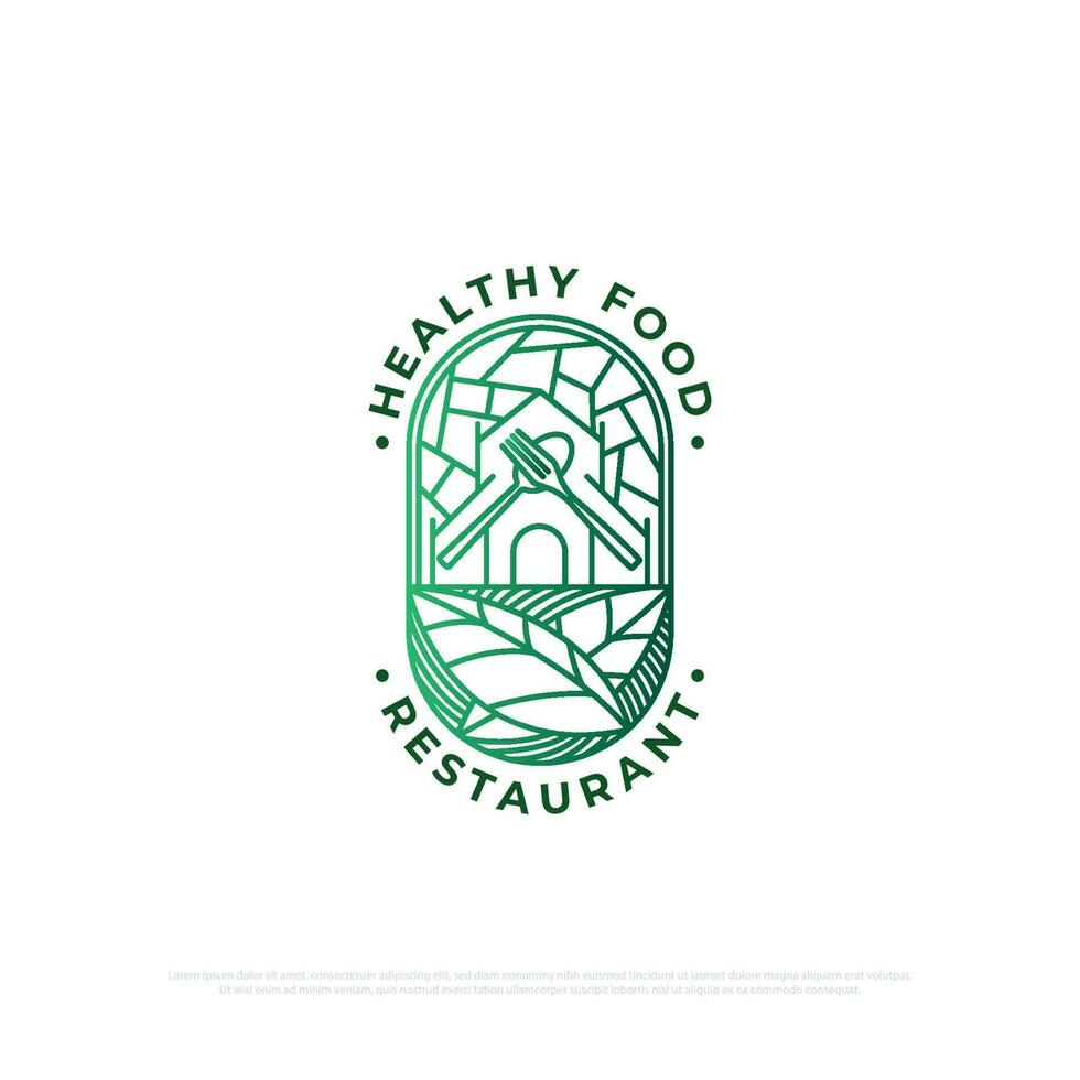 vegan Rural Restaurant logo design with line art style , a restaurant with a rural concept that provides traditional organic food and drinks  line art vector illustration
