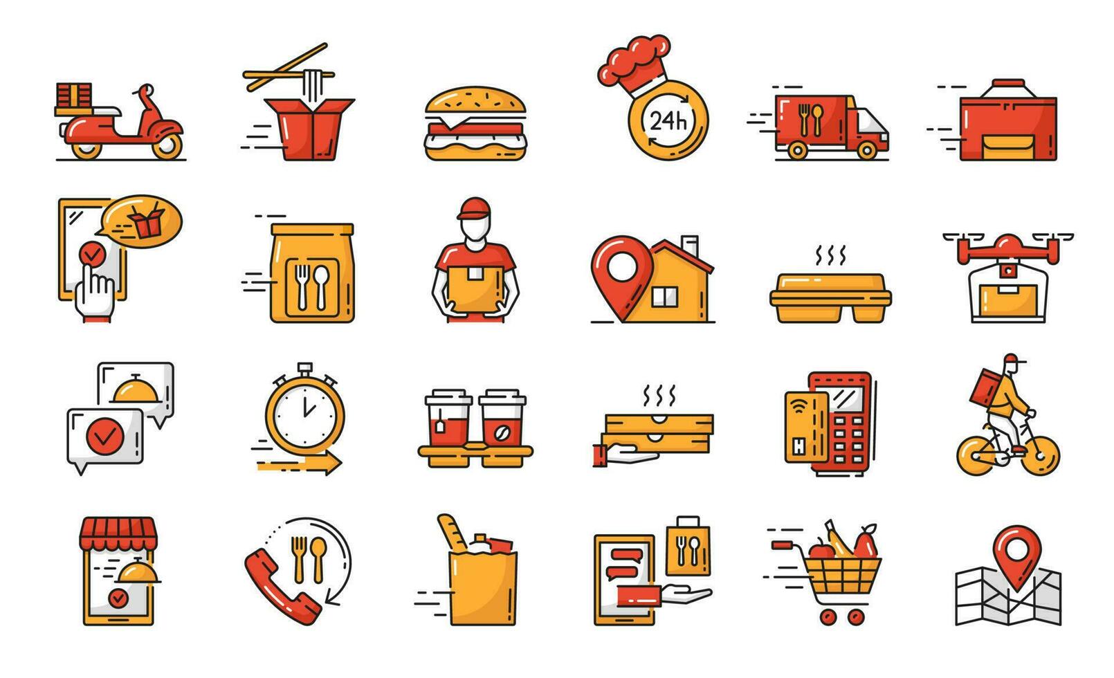 Fast food order and delivery service line icons vector