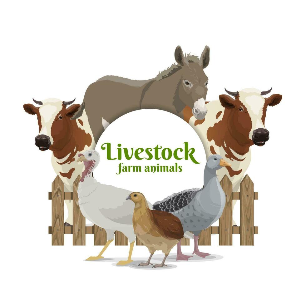 Farm livestock and poultry vector round banner