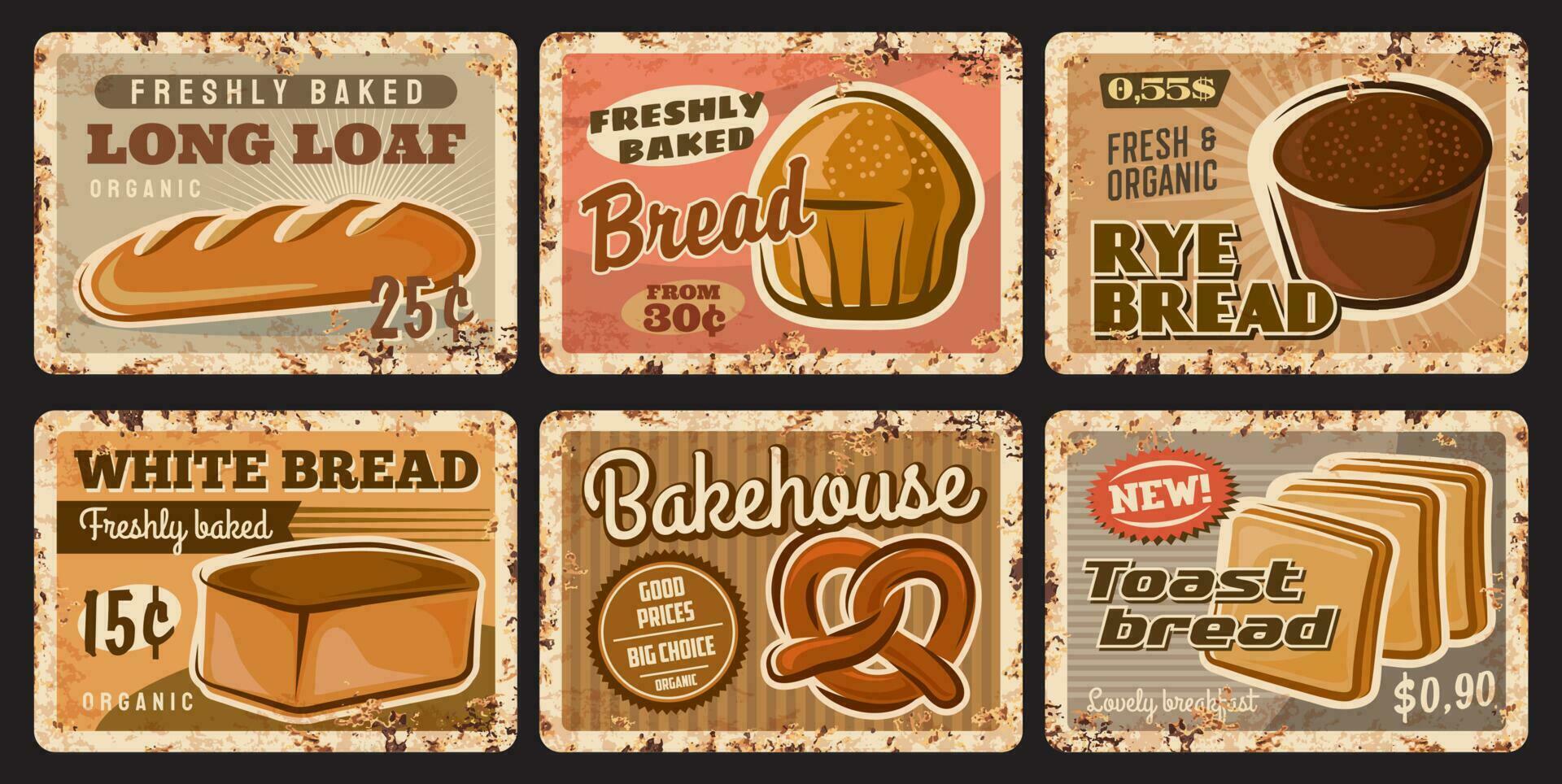 Bakery shop and bread rusty plates, vector food