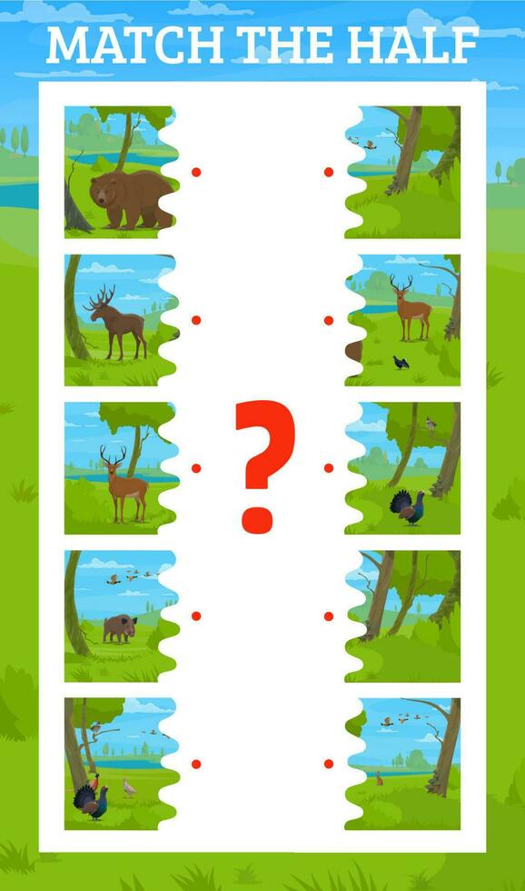 Match half of cartoon hunting animals and birds vector