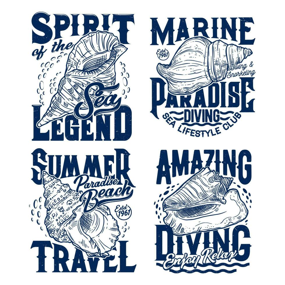 Sea mollusks and snails seashells t-shirt prints vector