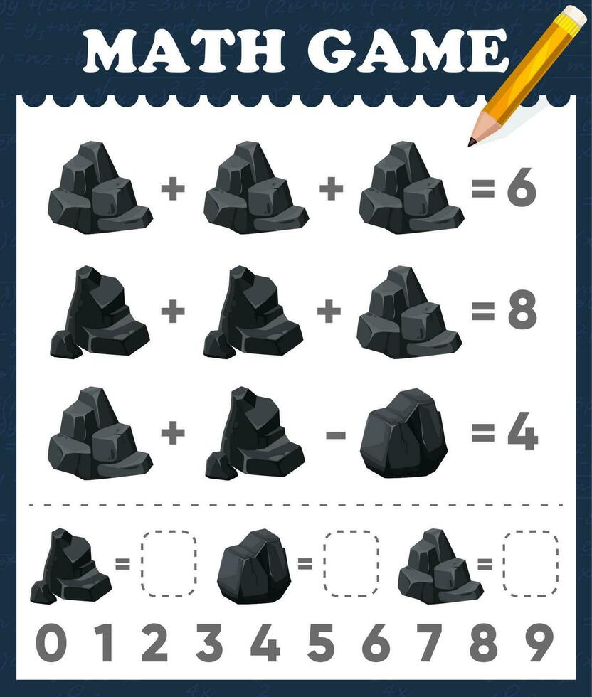 Cartoon coal, black charcoal, math game worksheet vector
