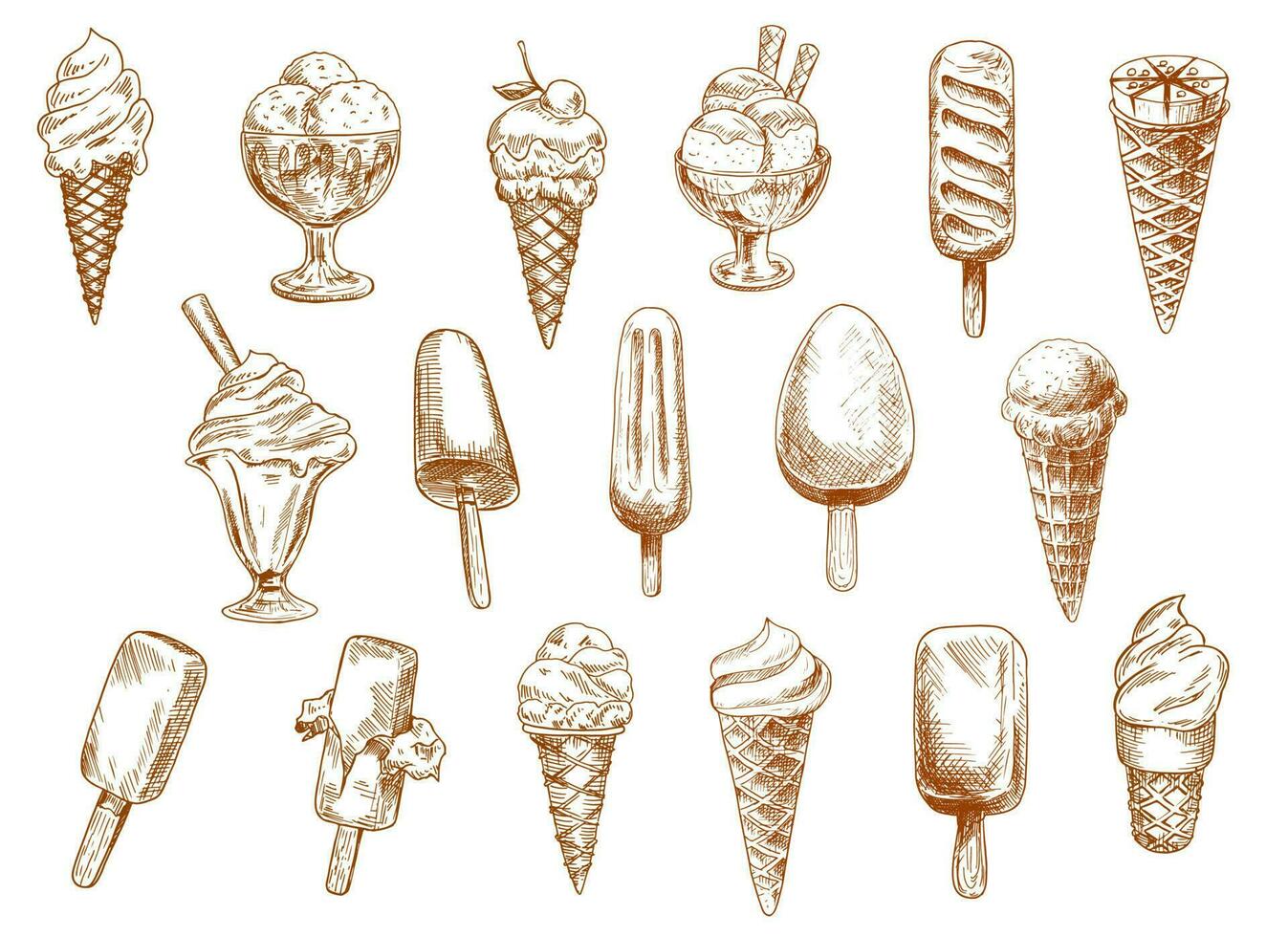 Sundae, gelato and sorbet ice cream sketch set vector