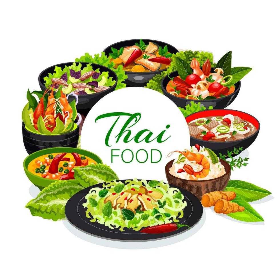 Thai cuisine, vector dishes round frame, poster